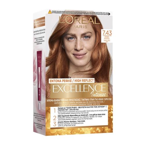 L'oreal Paris Excellence Intense Permanent Hair Color Kit Μόνιμη Κρέμα Βαφή Μαλλιών με Τριπλή Προστασία & Κάλυψη των Λευκών 1 Τεμάχιο - 7.43 Ξανθό Χάλκινο